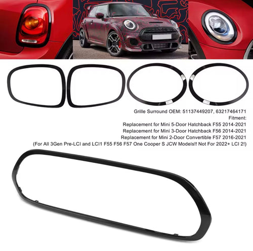 5pz Kit Total Black "Midnight Edition" per MINI F55 F56 F57 | Cornici Fari, Fanali e Griglia Glossy Black