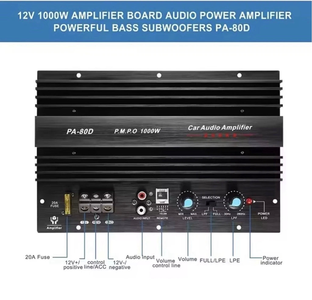 Amplificatore Mono 1000w Per Subwoofer 600w Rms, Alluminio Nero Salvaspazio