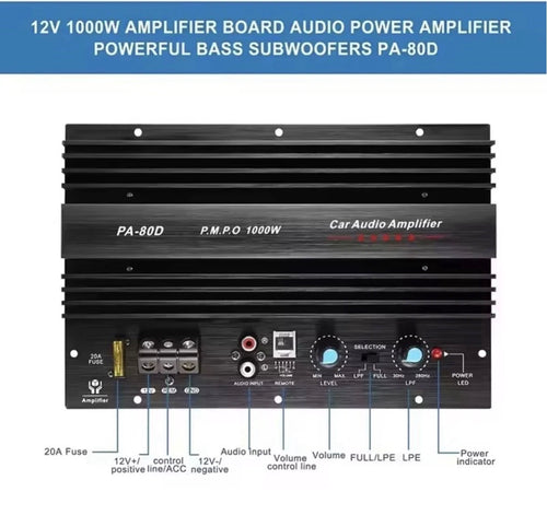 Amplificatore Mono 1000w Per Subwoofer 600w Rms, Alluminio Nero Salvaspazio