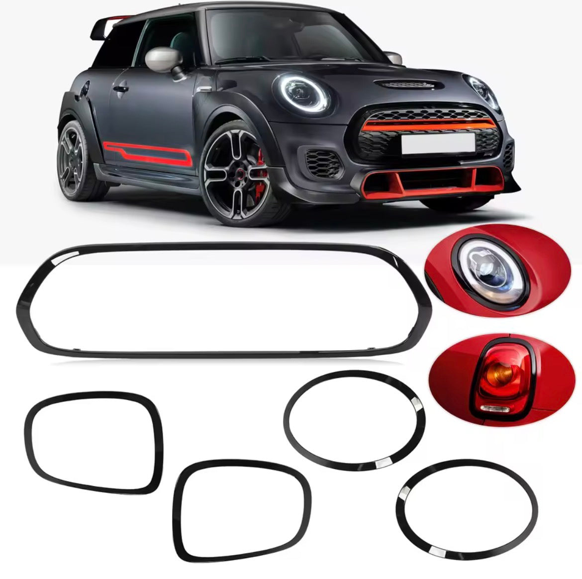 5pz Kit Total Black "Midnight Edition" per MINI F55 F56 F57 | Cornici Fari, Fanali e Griglia Glossy Black