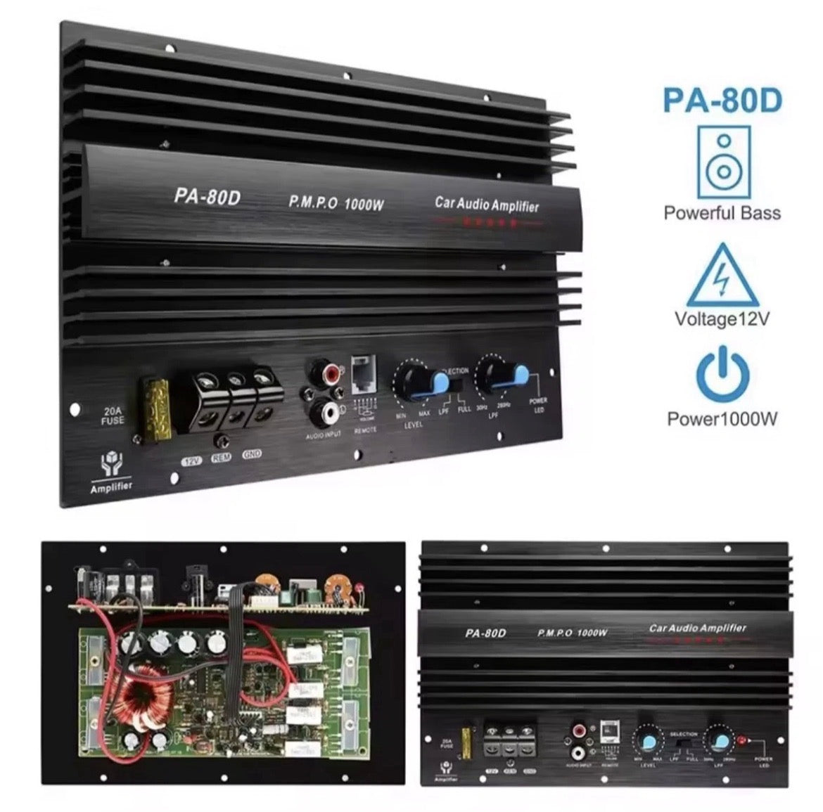 Amplificatore Mono 1000w Per Subwoofer 600w Rms, Alluminio Nero Salvaspazio