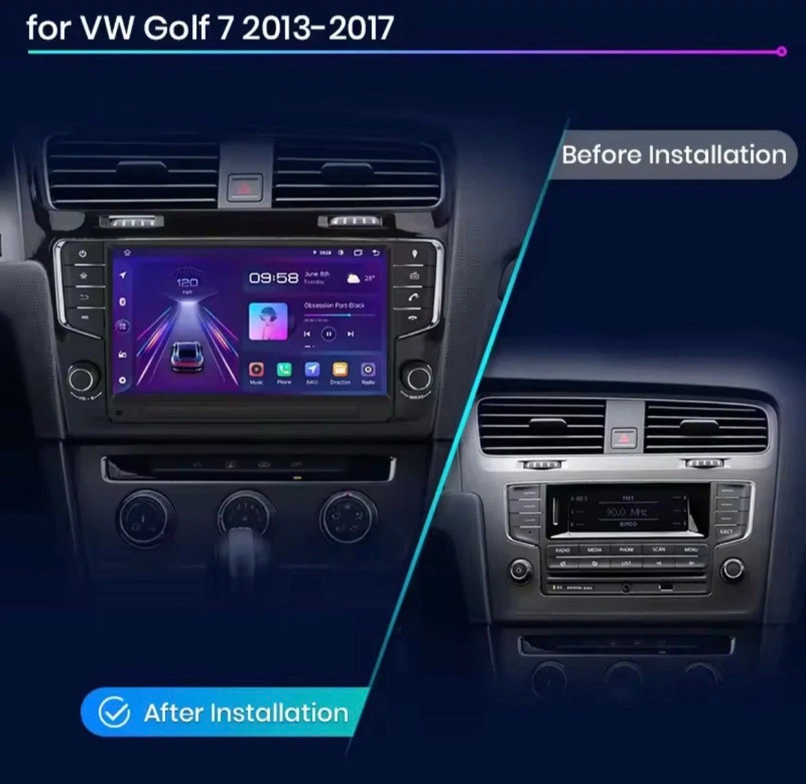 Autoradio android Volkswagen Golf 7 Mk7 (2013-2017) wireless carplay android auto, nero lucido