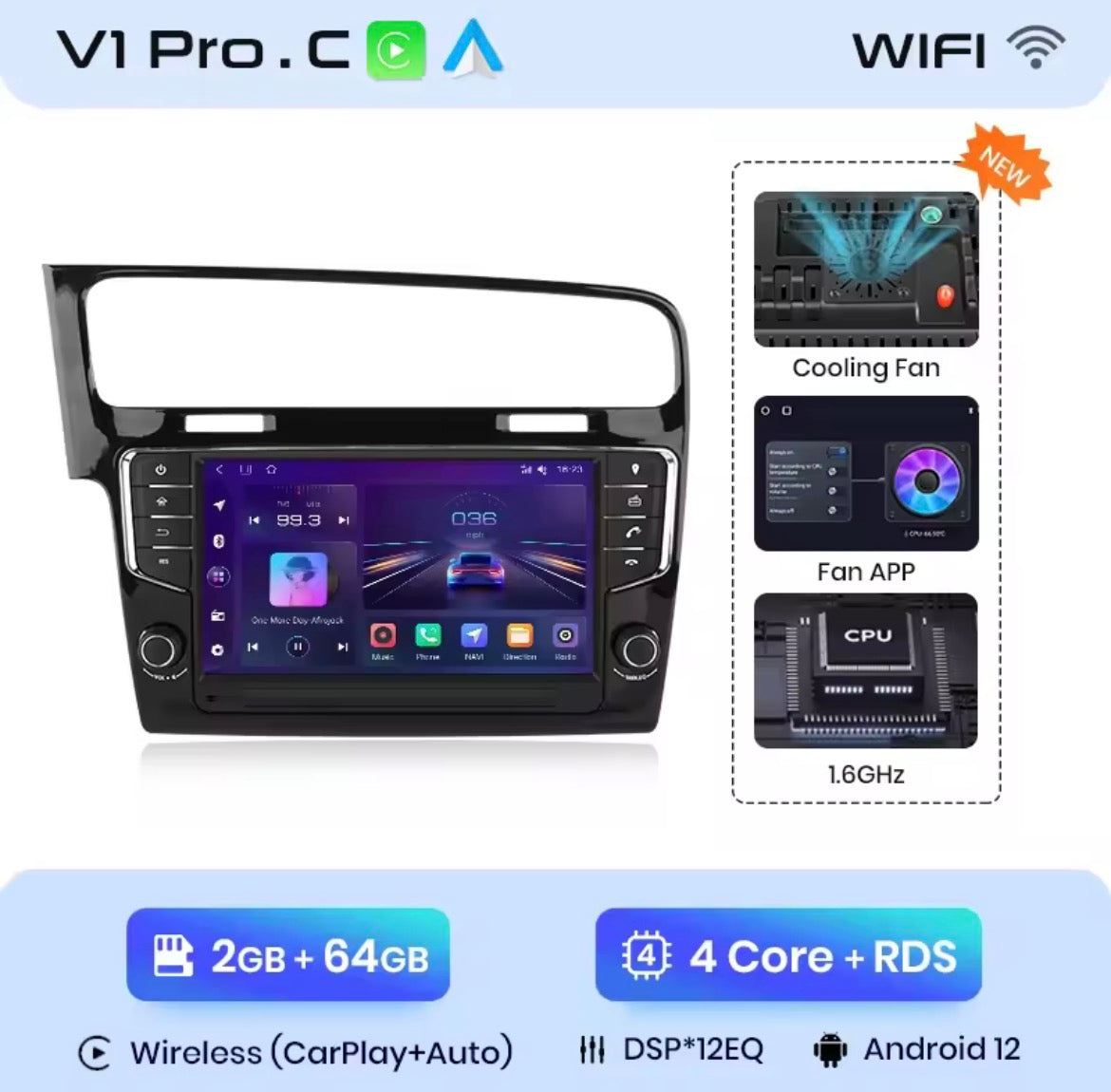 Autoradio android Volkswagen Golf 7 Mk7 (2013-2017) wireless carplay android auto, nero lucido